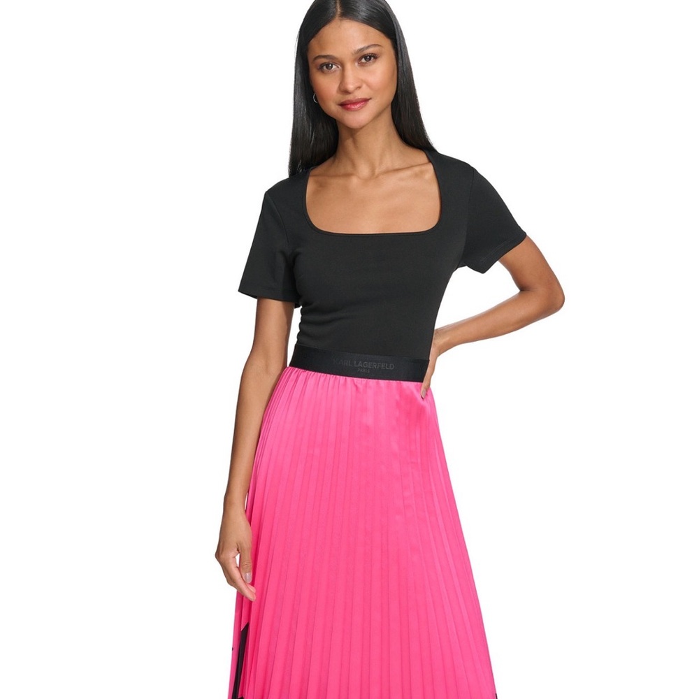 Karl Lagerfeld Black Top with Pink Pleated Midi Skirt , worn once
